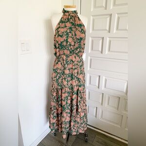 NWT Stitch + Feather High Neck Tiered Midi Dress Green Pink Peach Floral